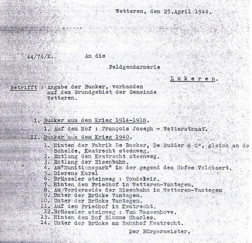 Duits Briefje bunkers te Wetteren op 25-4-1944